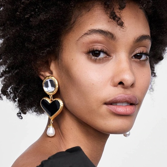 Zara Jewelry Zara Chunky Gold Black Hearts Water Long Earrings